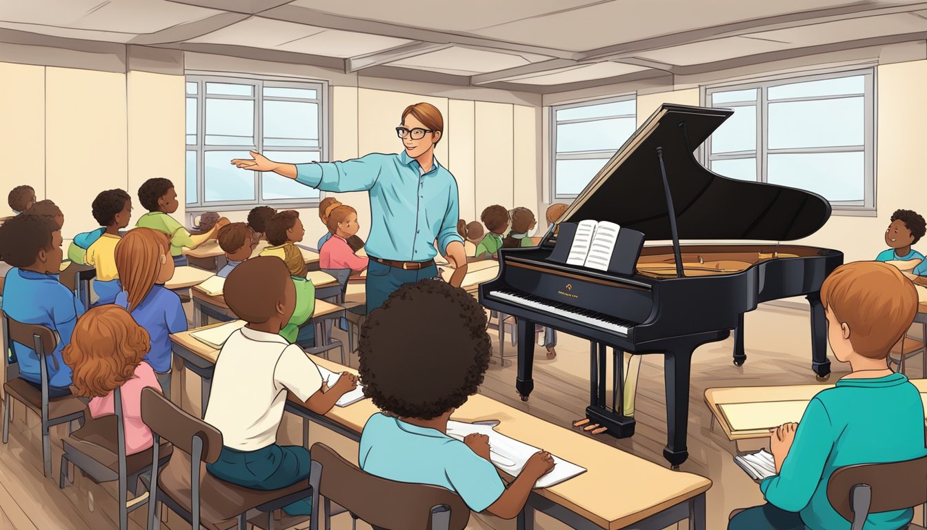 A piano teacher answering common questions in a classroom setting
