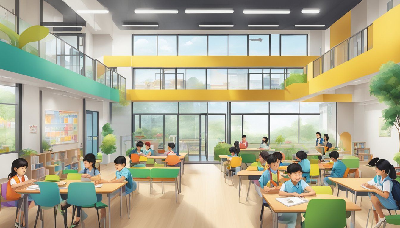 A bright, modern education center in Choa Chu Kang with students engaged in learning activities