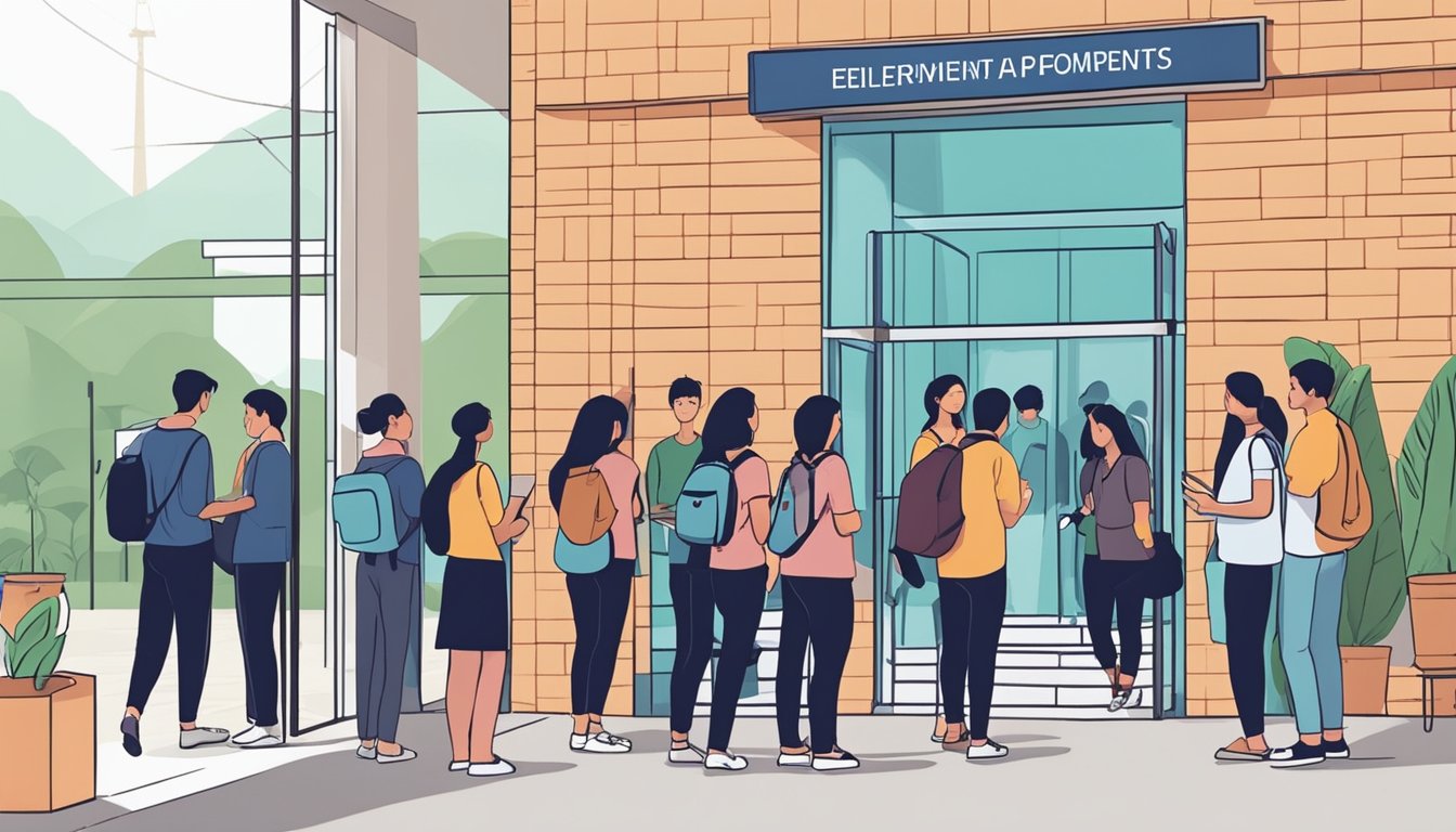 Students lining up at a tuition center entrance, filling out forms and submitting documents for enrollment. Staff assisting with the admission process