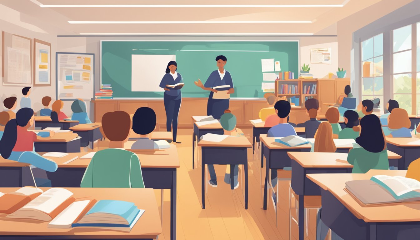 A classroom filled with students eagerly participating in a tuition class, with a teacher at the front of the room leading the lesson. Books, desks, and educational materials are scattered throughout the space