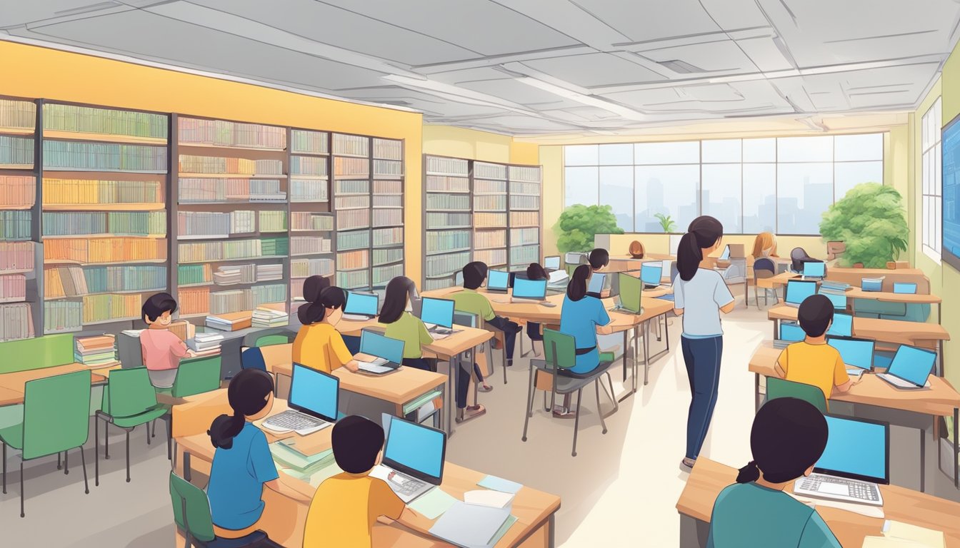 A bustling tuition center in Petaling Jaya with students and parents inquiring at the front desk, tutors leading small group discussions, and study materials neatly organized on shelves