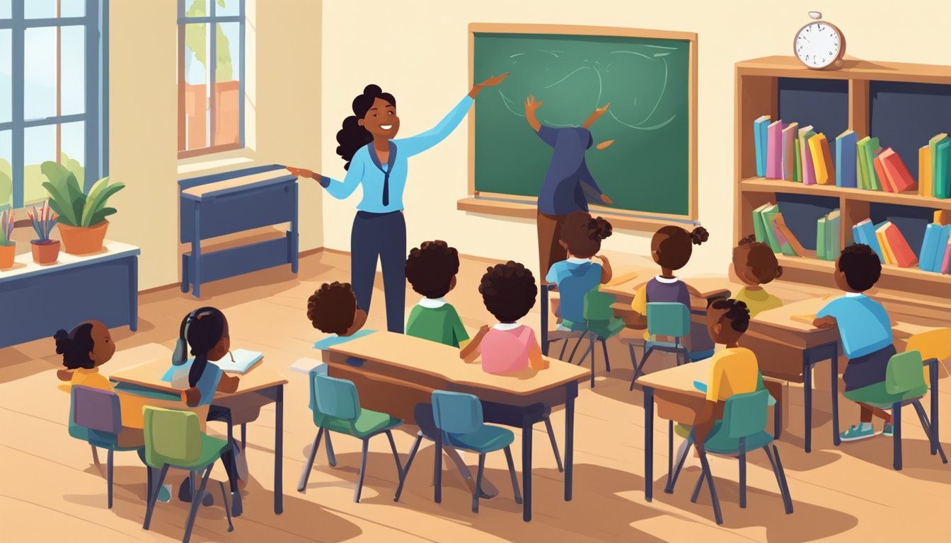 A classroom setting with books, desks, and a blackboard. A teacher is instructing a small group of students. Bright colors and happy expressions