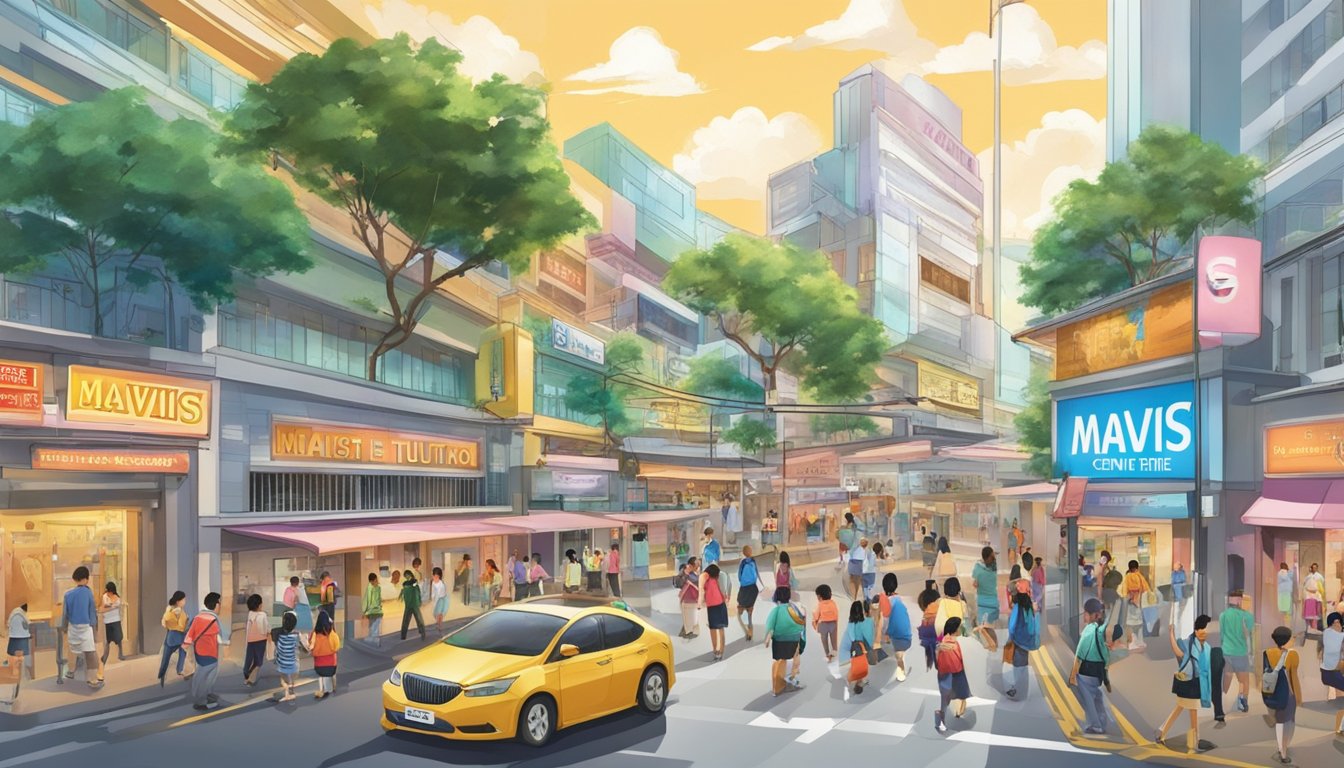 The bustling streets of Singapore surround Mavis Tuition Centre, with its vibrant sign illuminating the entrance. Students come and go, eager to learn and improve their academic skills