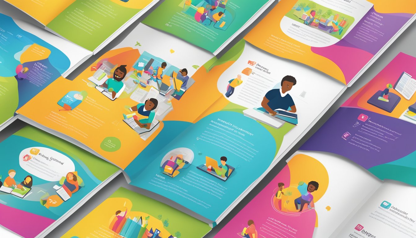 Bright, colorful brochure with images of happy students studying, engaging teachers, and vibrant classroom settings. Text highlights benefits and success stories