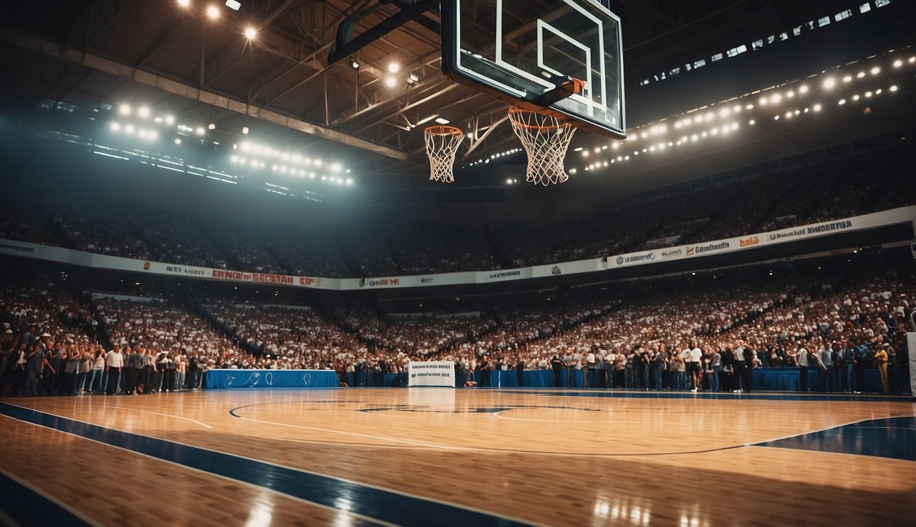 A basketball court with banners displaying the team's name and number of championships. Crowd cheering in the background