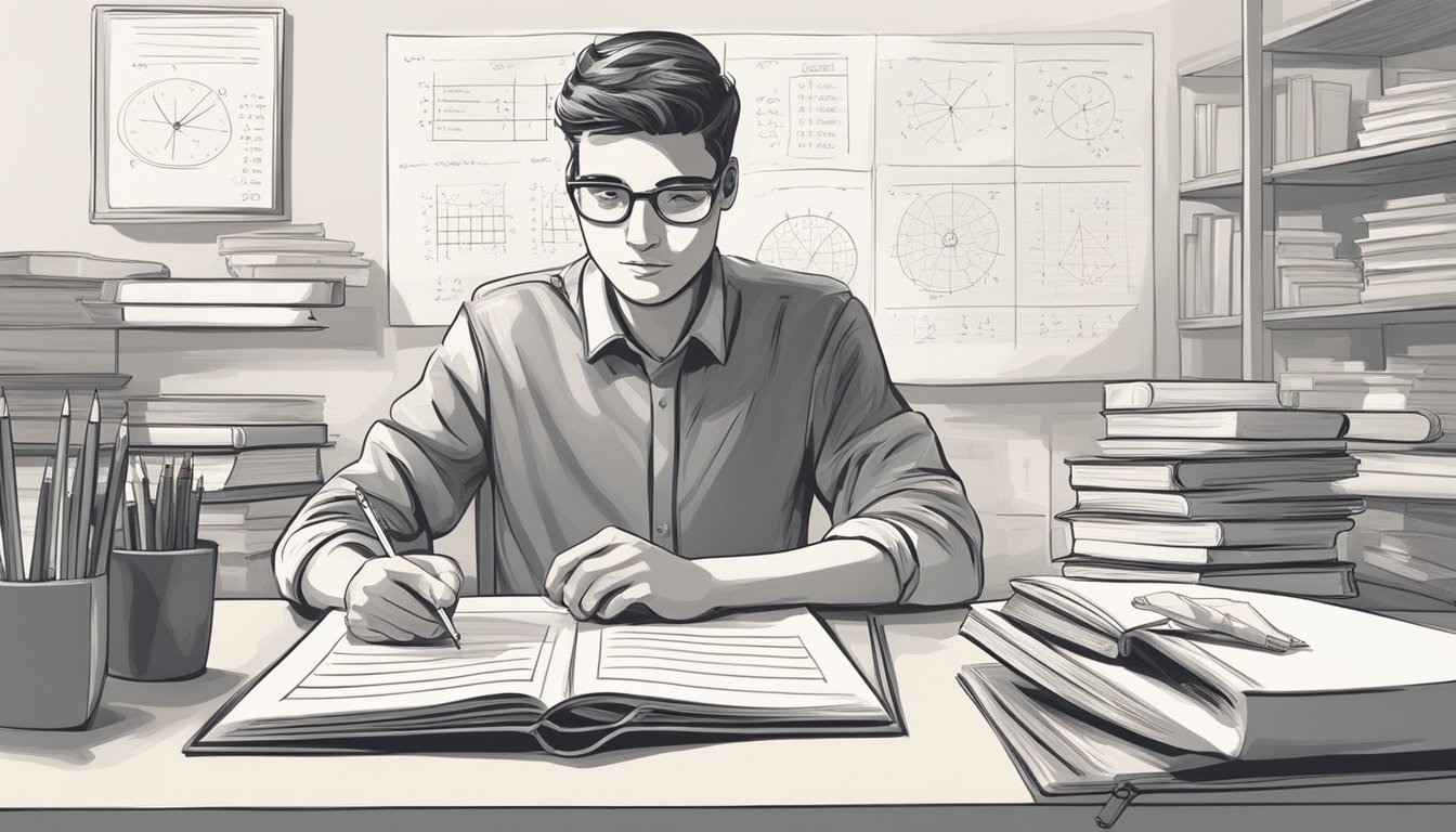 A student sits at a desk with textbooks and notebooks, solving math problems with a focused expression. A tutor stands nearby, explaining concepts on a whiteboard