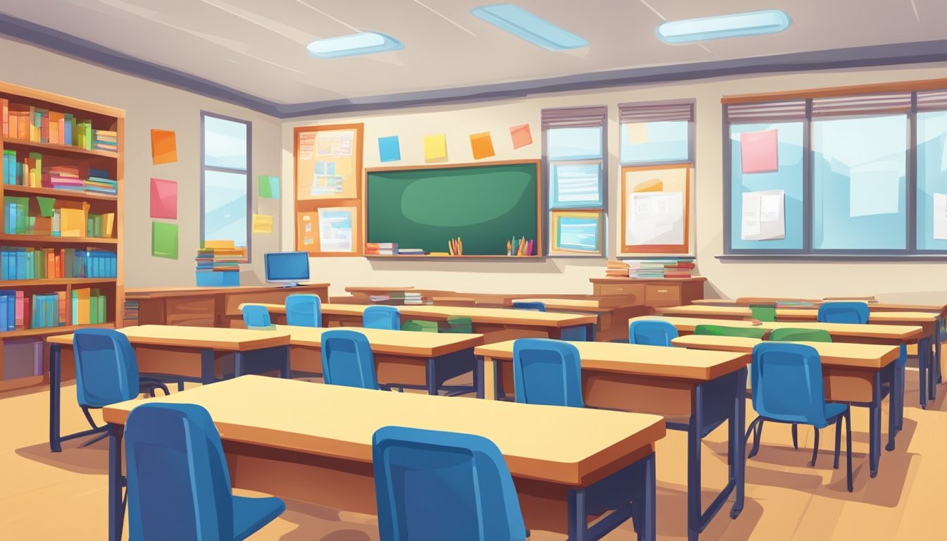A classroom with colorful posters and educational materials, desks arranged in rows, a whiteboard at the front, and a teacher