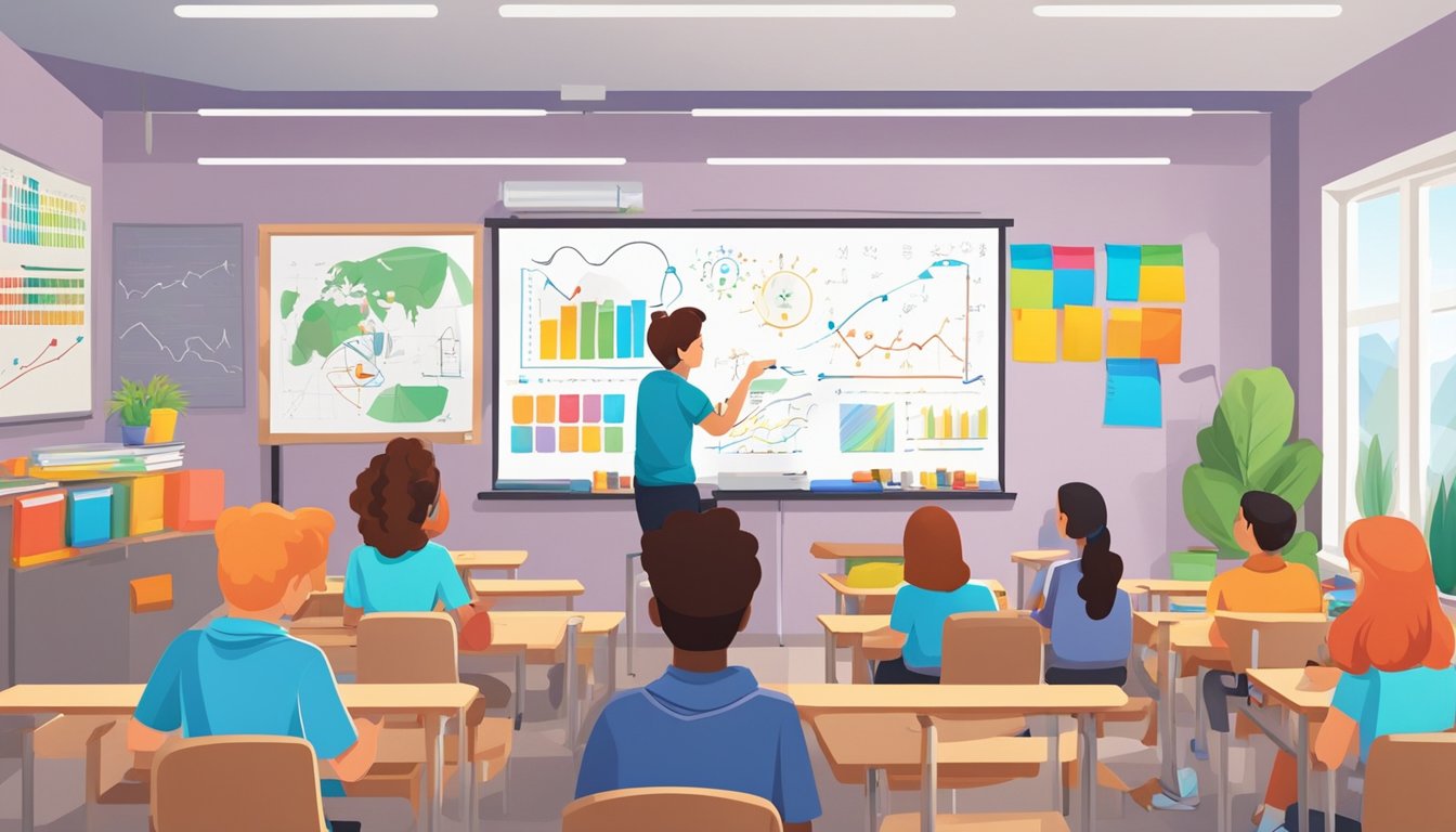 A classroom with a whiteboard filled with mathematical equations, colorful charts and graphs on the walls, and students engaged in problem-solving activities