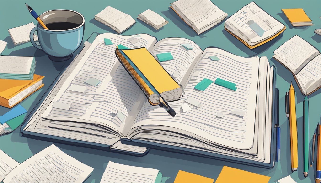 An open textbook on a desk, surrounded by scattered notes and a pen