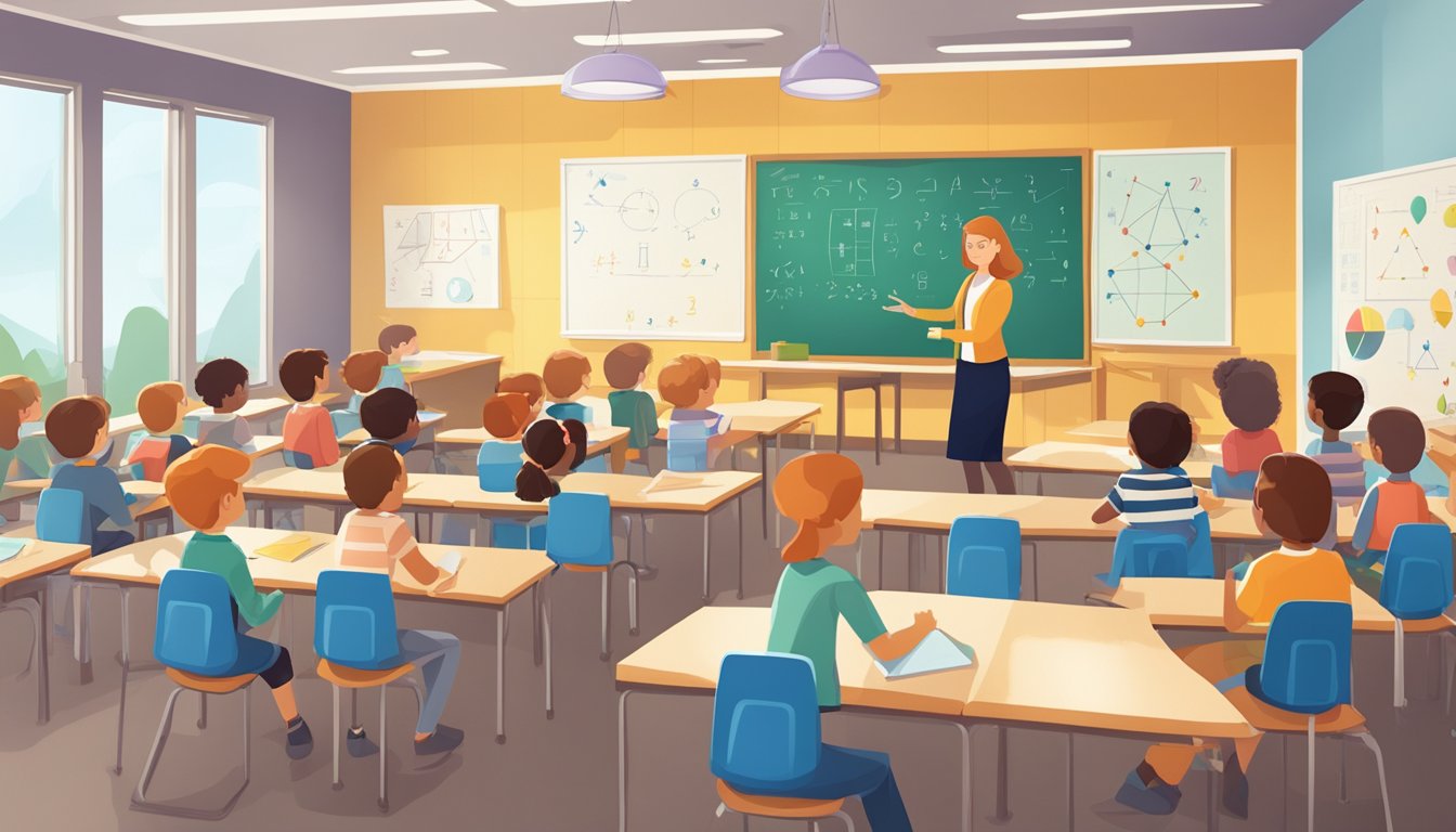 A classroom filled with math equations and geometric shapes, with a teacher explaining complex concepts to engaged students