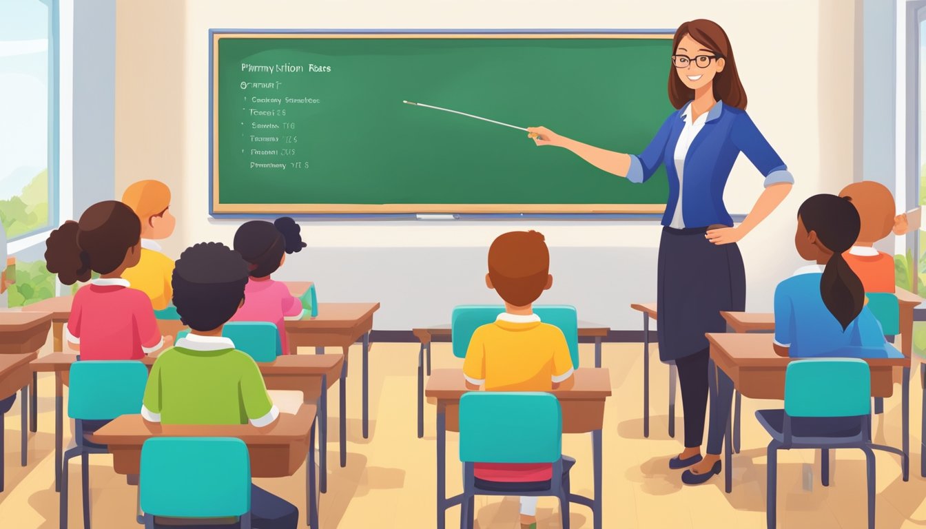 A colorful classroom with a whiteboard displaying "Primary 1 Tuition Rates" and a teacher pointing to the board with a pointer