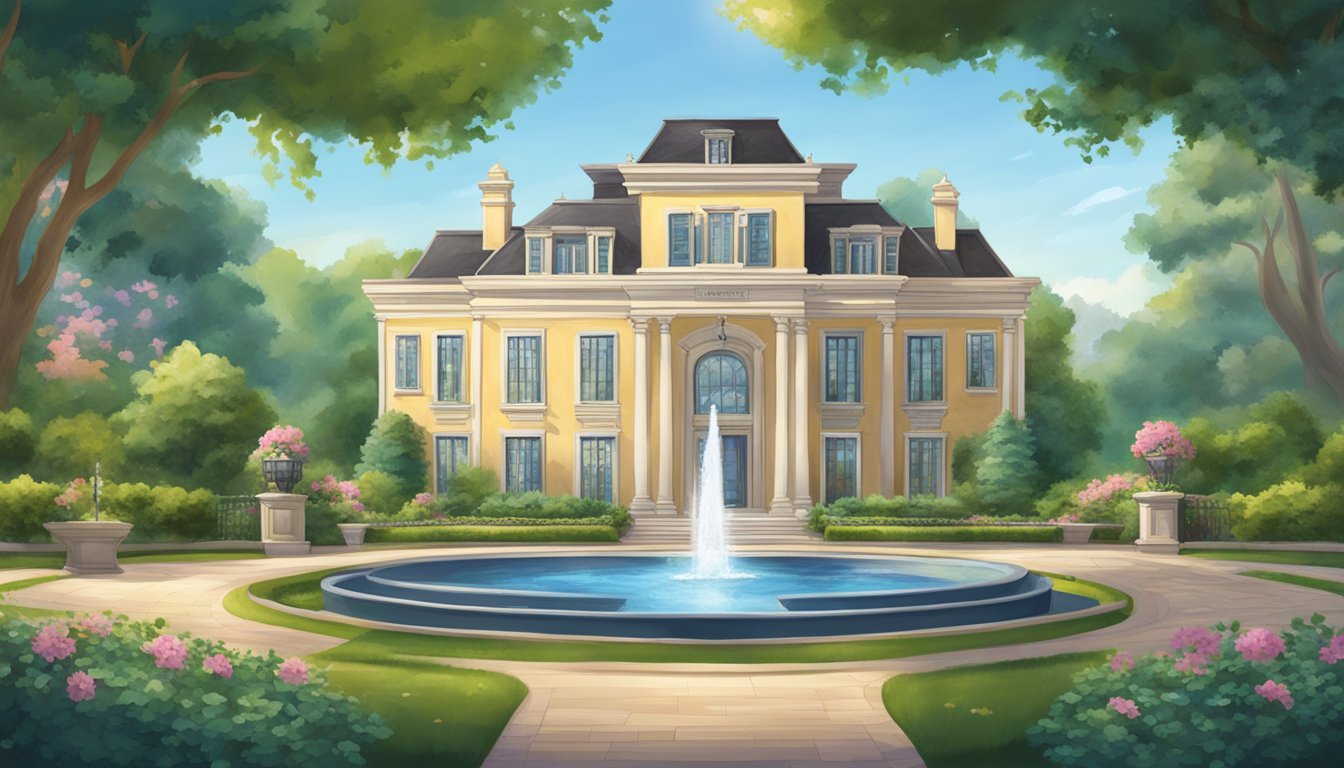 A grand mansion with "five star tuition" sign, surrounded by lush gardens and a fountain