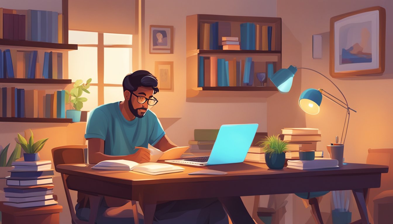 A cozy home with books, a desk, and a laptop. A bright lamp illuminates the room as a student and tutor engage in a focused learning session