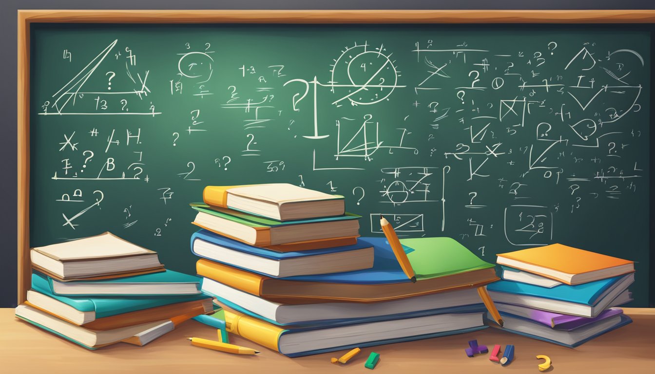 A stack of math textbooks surrounded by question marks and a chalkboard filled with math equations