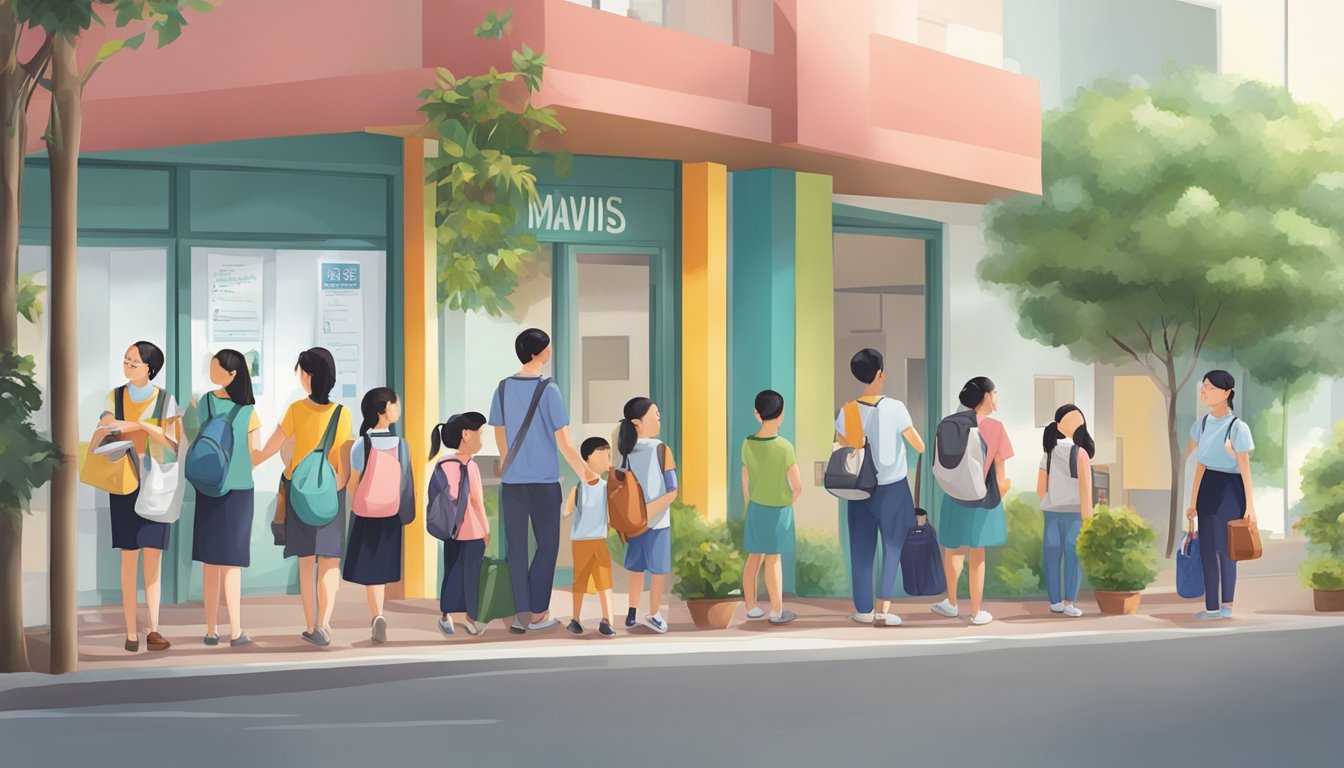 A colorful signboard outside Mavis Tuition Centre in Singapore, with a queue of parents and students waiting to enter