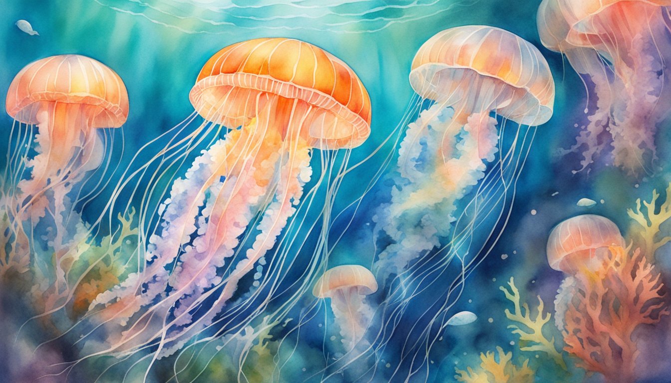 The Irukandji jellyfish floats in clear, tropical waters, its translucent bell pulsating gently as it drifts among vibrant coral and darting fish