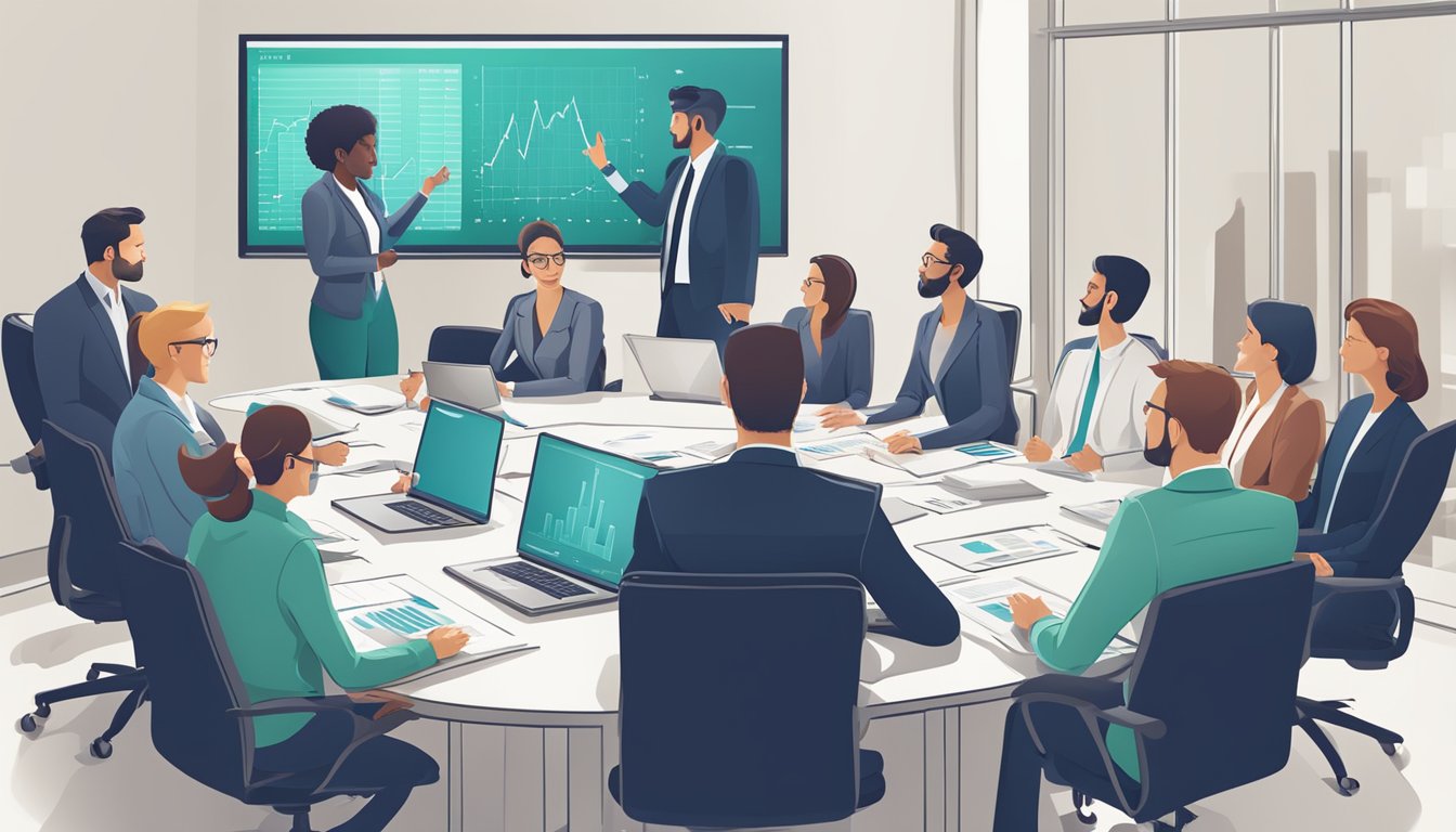 A group of professionals gathered around a conference table, discussing financial strategies and analyzing data on a large screen