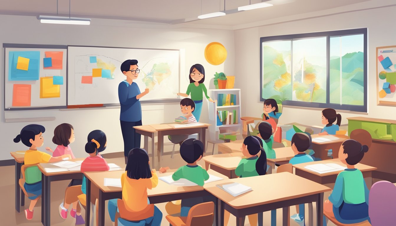 A classroom with young students engaged in learning activities, surrounded by colorful educational materials and a dedicated tutor providing primary 1 tuition in Singapore