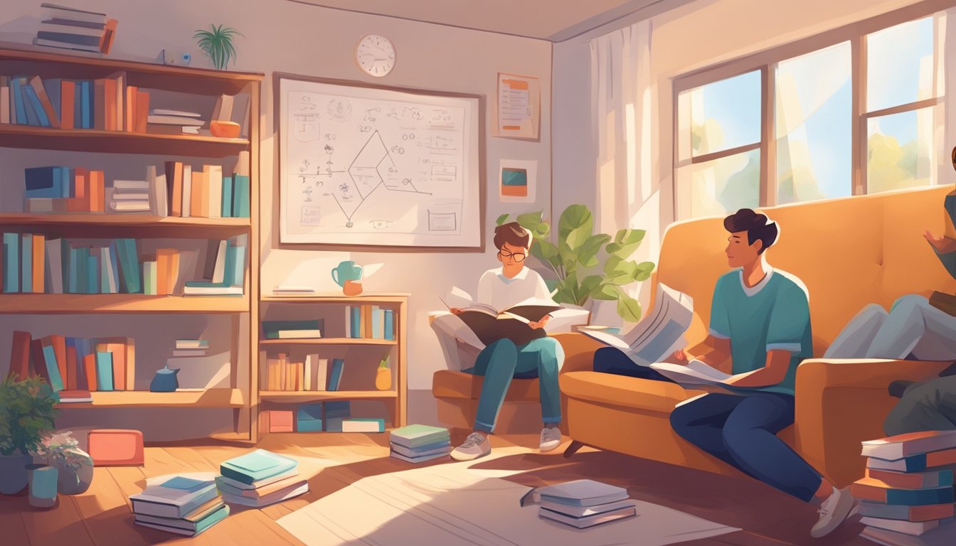 A cozy living room with a tutor and student engaged in learning. Books and educational materials scattered around. A whiteboard with equations and diagrams. Bright, natural light streaming in through the window