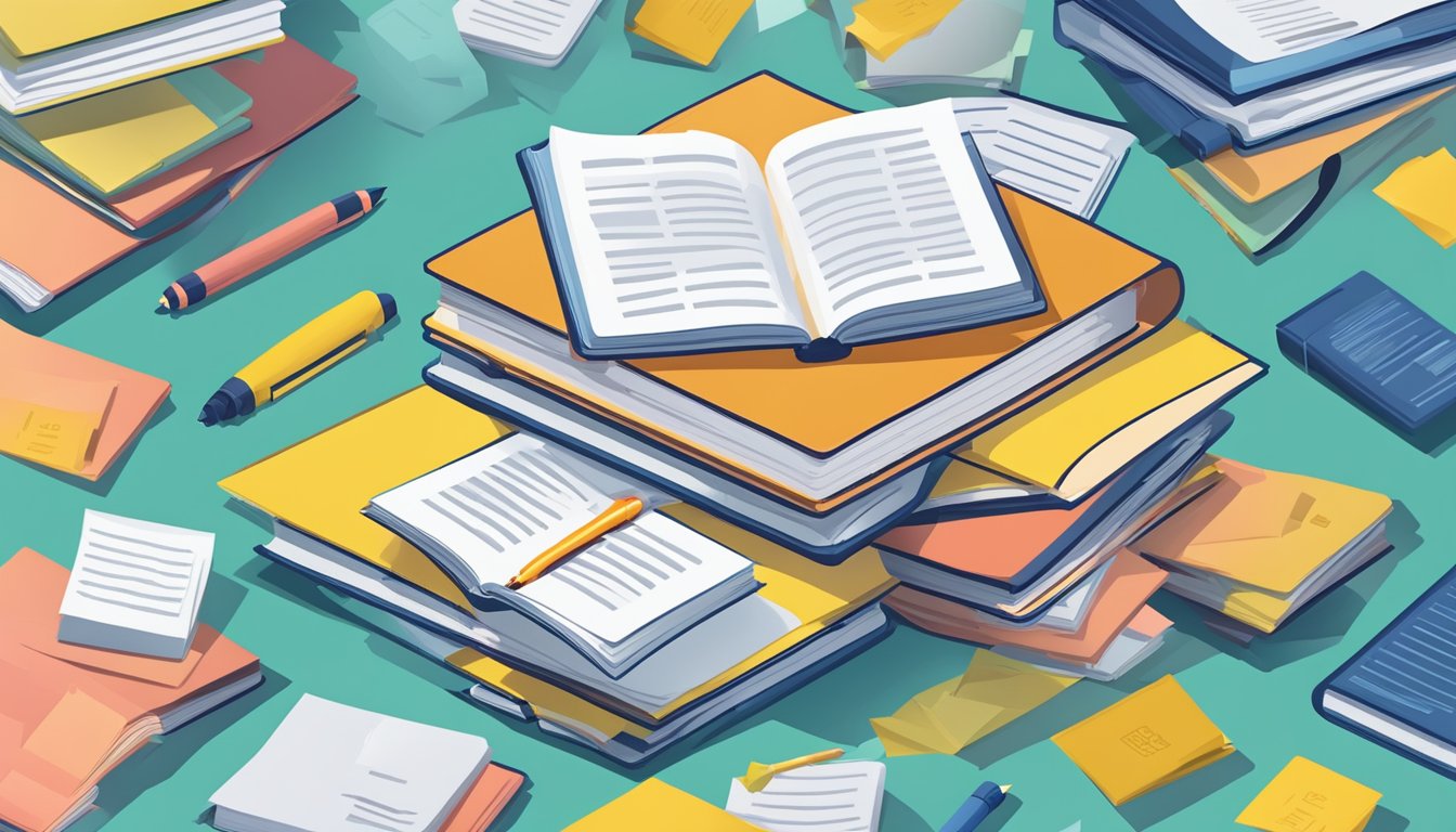 A stack of open books with "Frequently Asked Questions" on the cover, surrounded by scattered papers and a pen