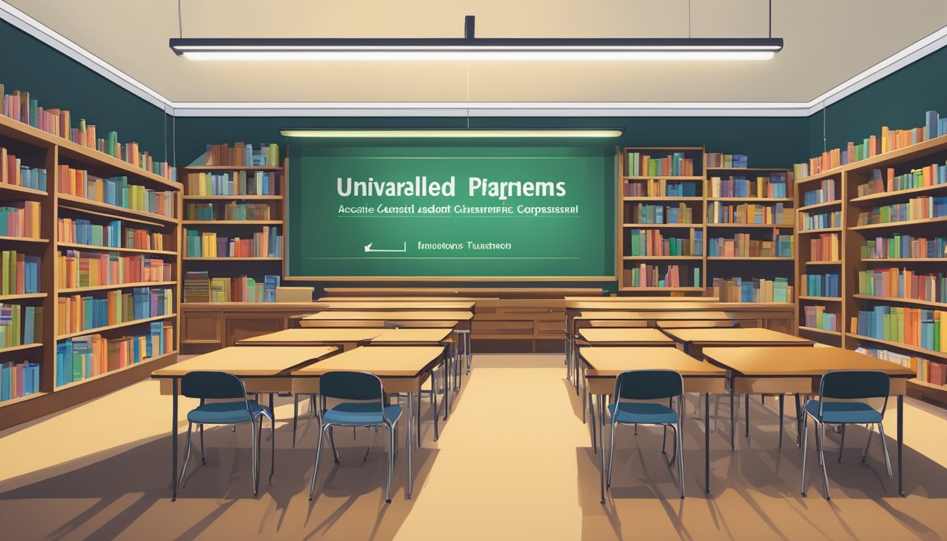 A classroom filled with books, a chalkboard, and desks arranged in neat rows, with a spotlight shining on the words "Unrivalled Academic Programmes" and "five star tuition."