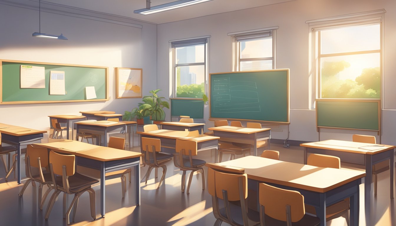 A serene classroom in West Singapore, with desks arranged neatly and a whiteboard at the front. Sunlight streams in through the windows, casting a warm glow on the room
