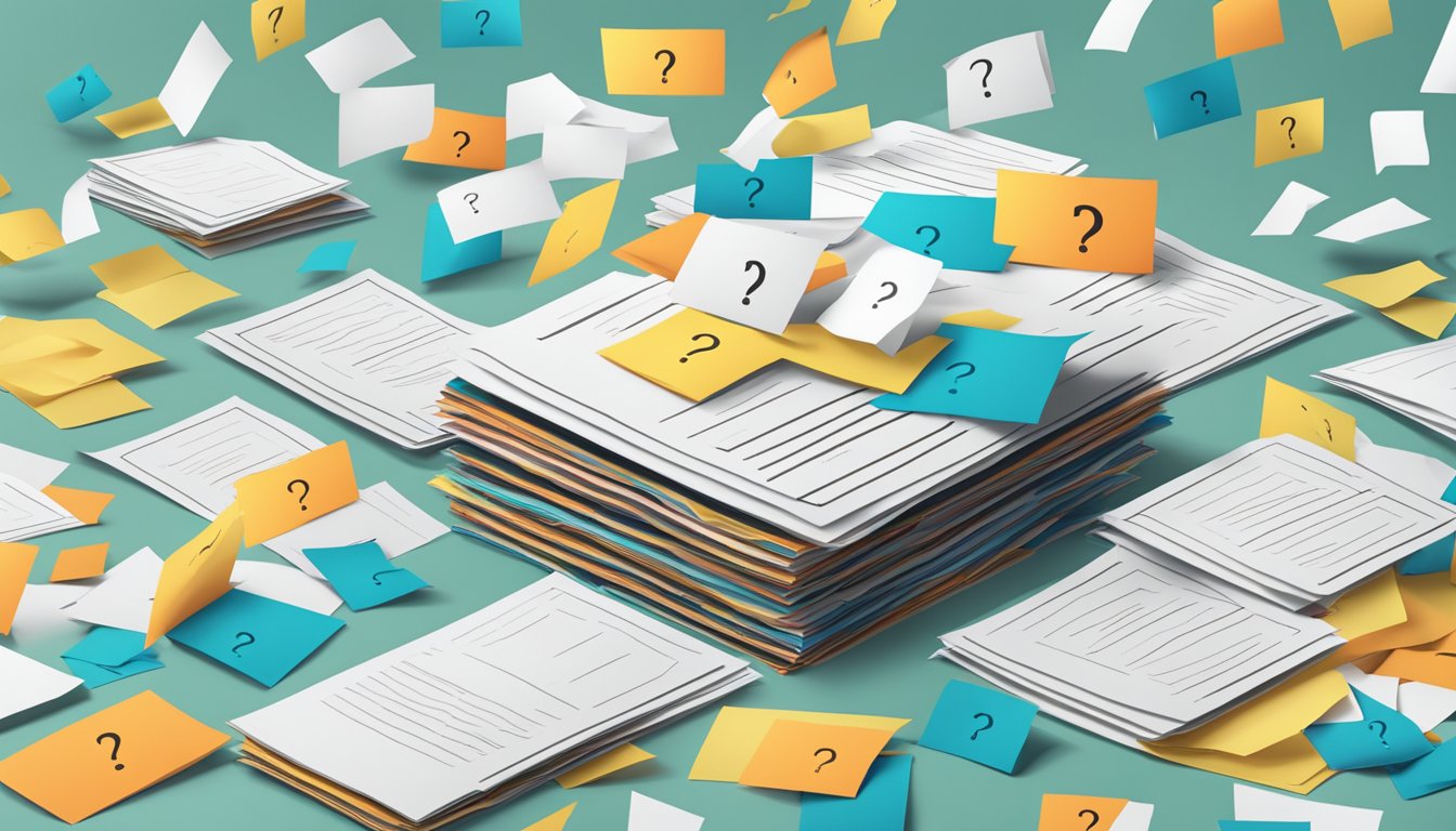 A stack of FAQ papers surrounded by floating question marks