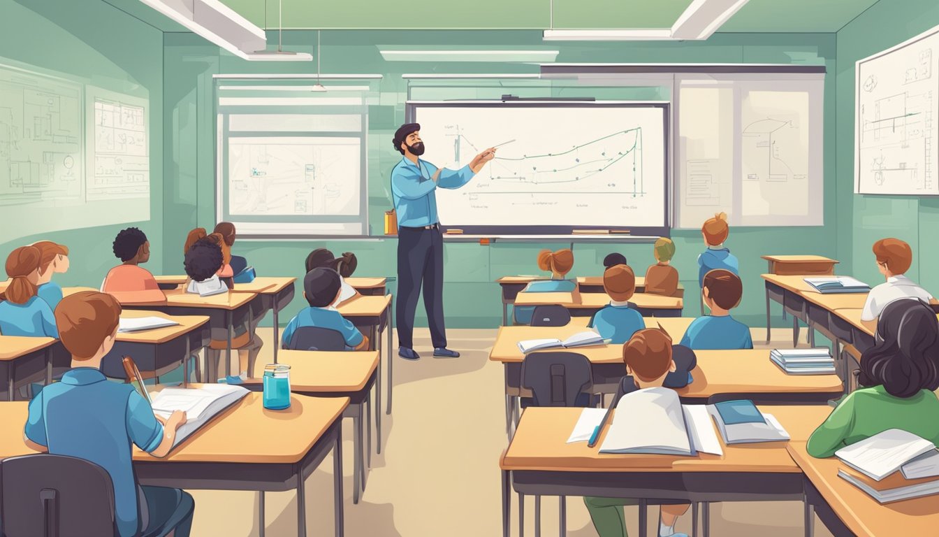 A classroom with science equipment, whiteboard, and students