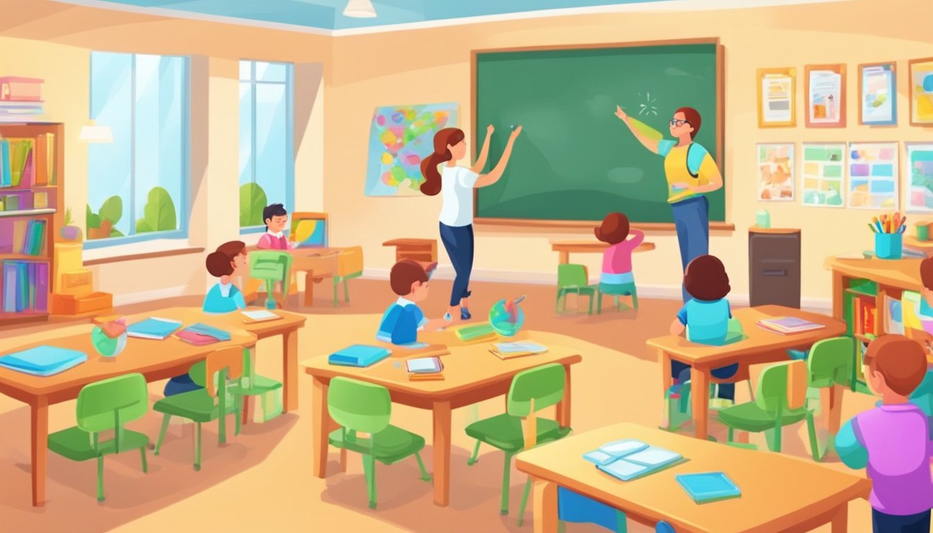 Bright classroom with colorful posters and educational toys. Teacher engaging students in interactive activities. Parents observing from the observation room