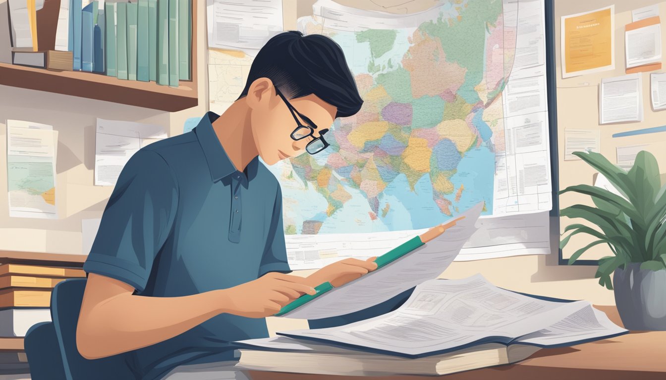 A student browses through a list of tuition assignments in West Singapore, surrounded by a map and educational materials