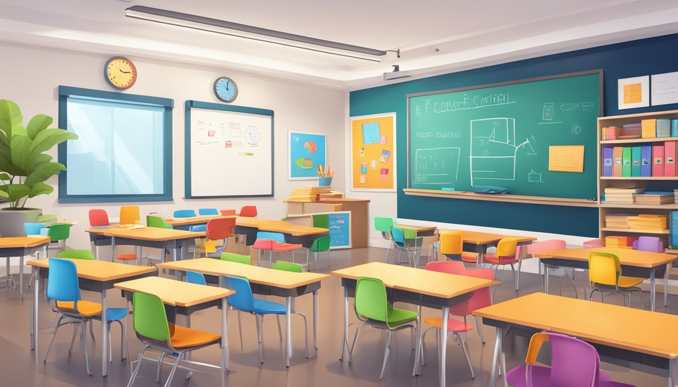 A bright, modern classroom with colorful educational materials, comfortable seating, and a whiteboard filled with engaging lesson content