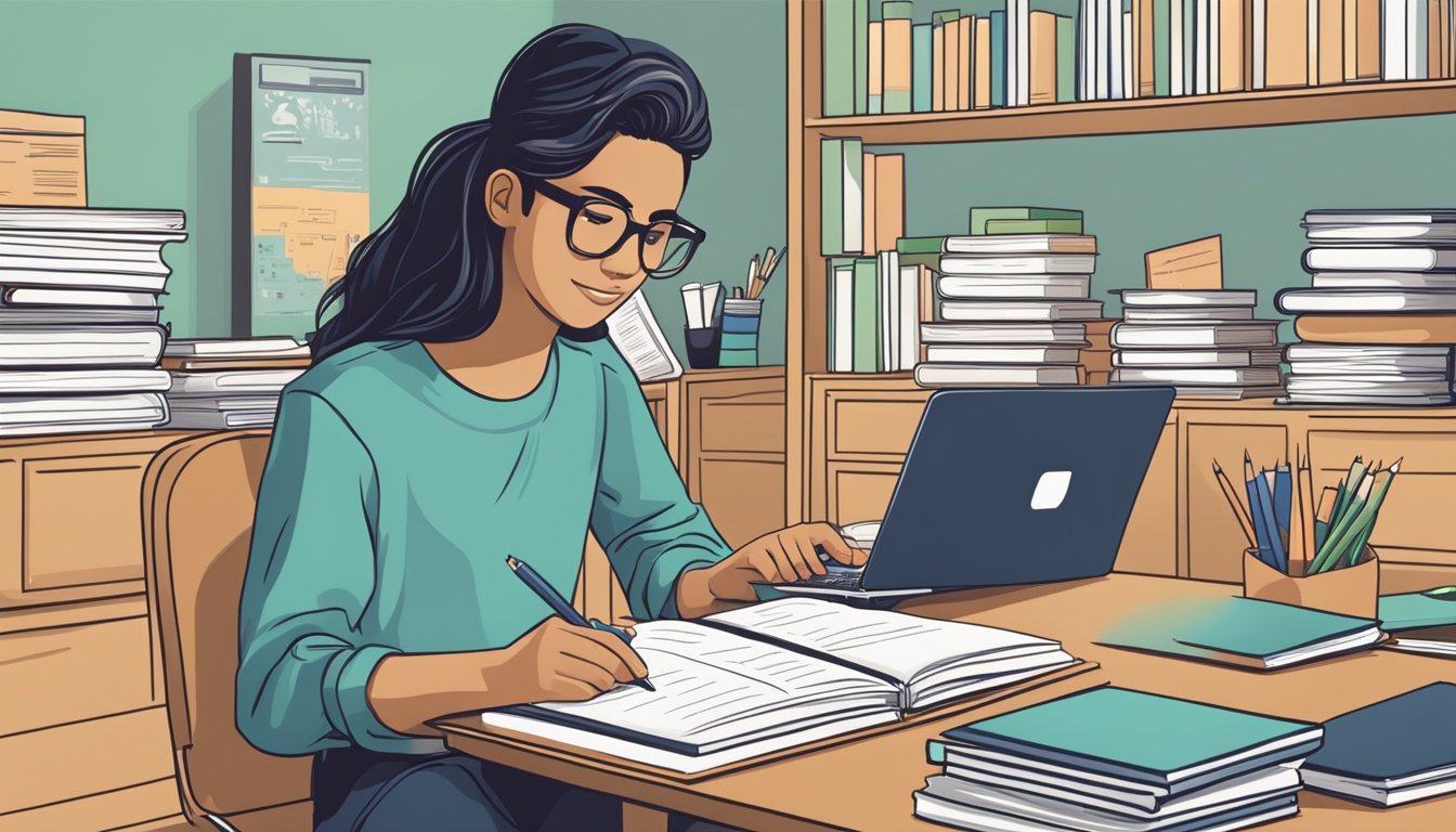 A student eagerly fills out a tuition assignment application, surrounded by textbooks and a laptop, ready to seize academic opportunities in West Singapore