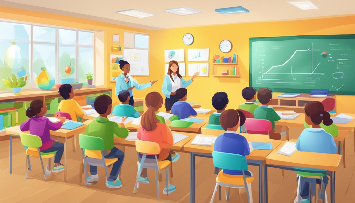 A colorful classroom with science tools and charts, a teacher explaining concepts to engaged students