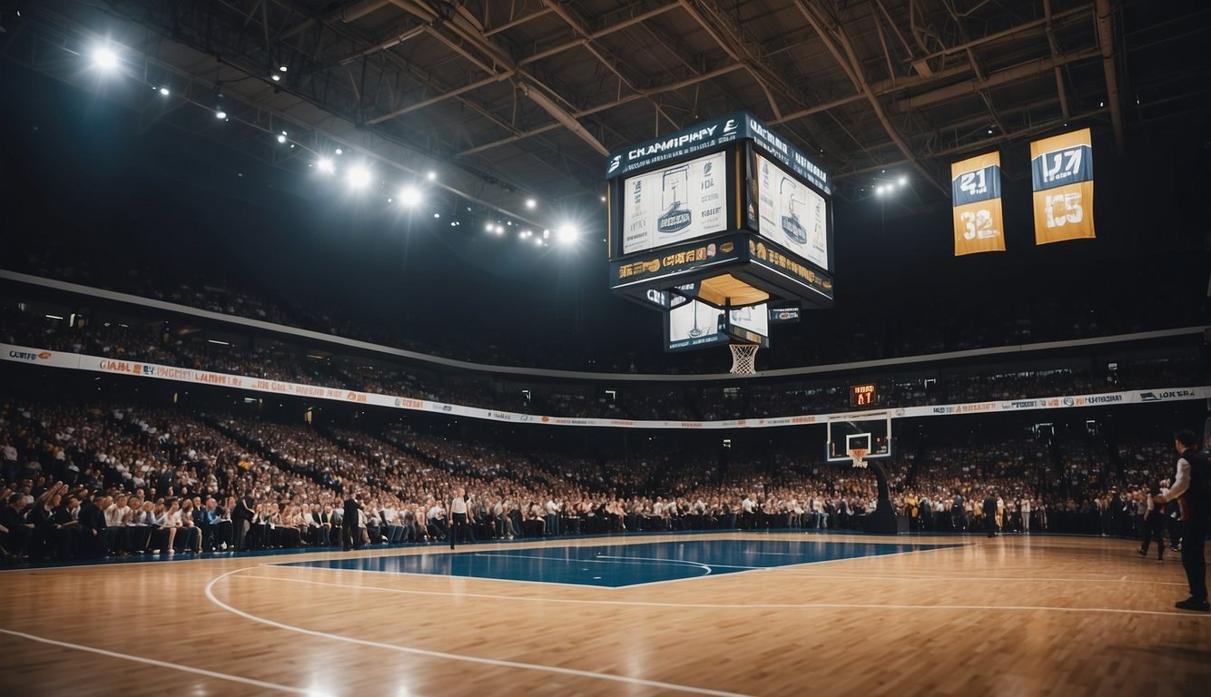 A basketball court with banners displaying the team name and number of championships won. The court is surrounded by cheering fans and iconic players in action