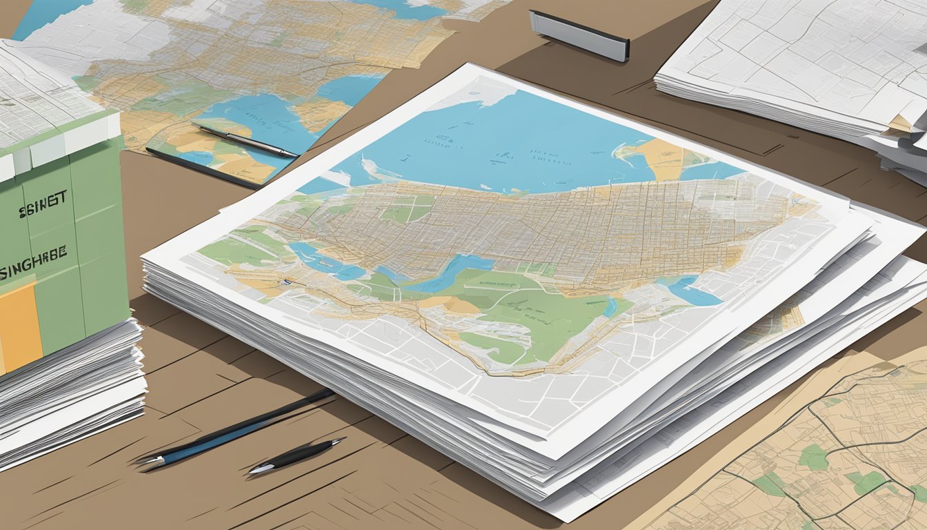A stack of FAQ sheets on a desk, with a map of West Singapore in the background