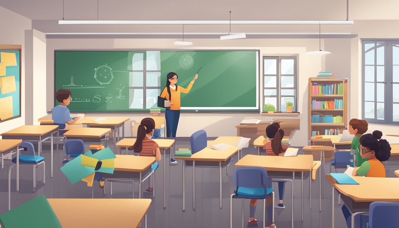 A classroom with a whiteboard, desks, and science materials. A tutor and students engage in interactive learning