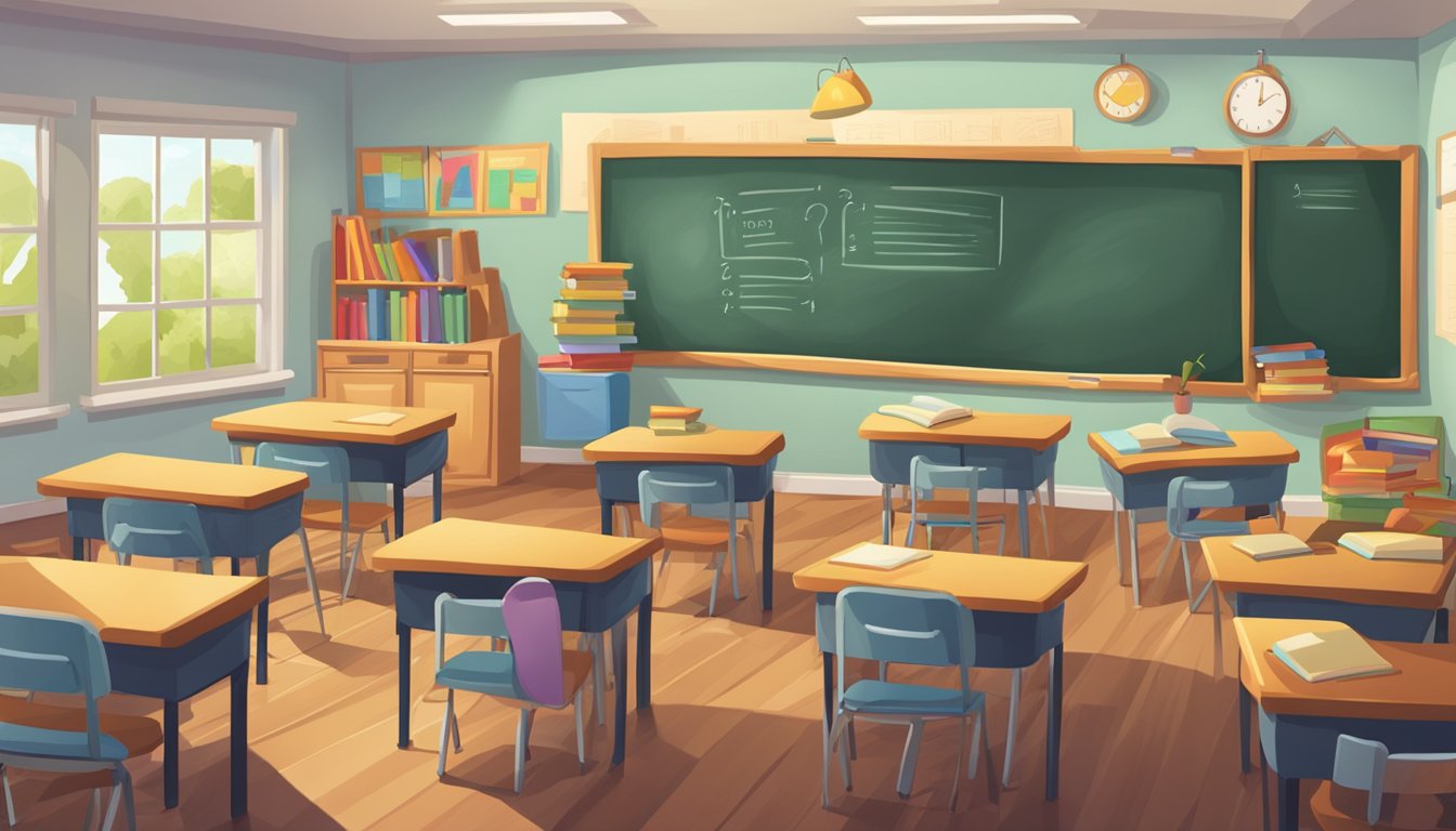 A brightly lit classroom with a chalkboard displaying "Frequently Asked Questions" and a five-star rating. Books and study materials are neatly organized on desks