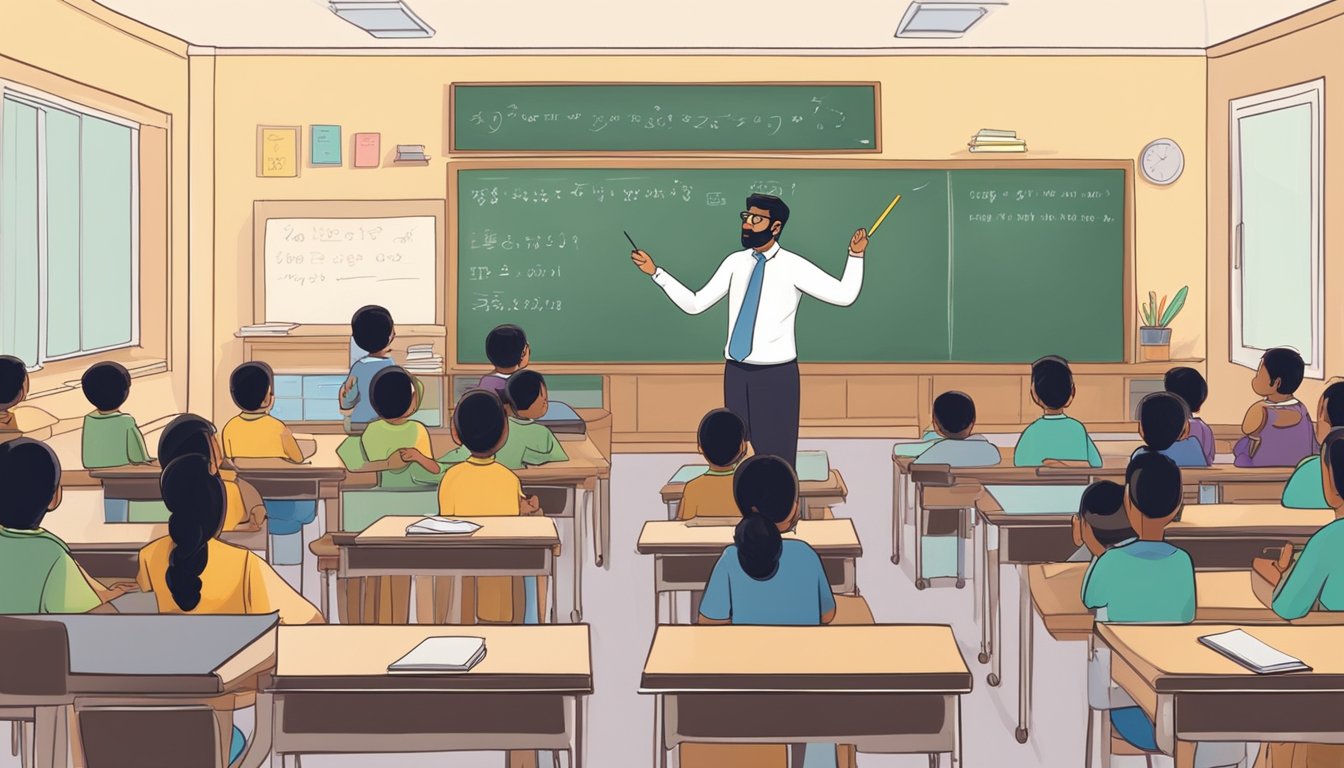 A teacher stands at a chalkboard, writing Hindi words. Students sit at desks, listening and taking notes. The room is filled with the sound of the teacher