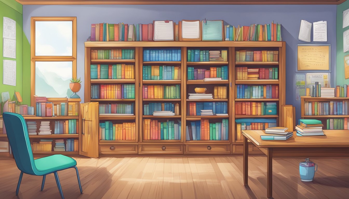 A colorful bookshelf filled with Hindi textbooks, a whiteboard with grammar rules, and a teacher