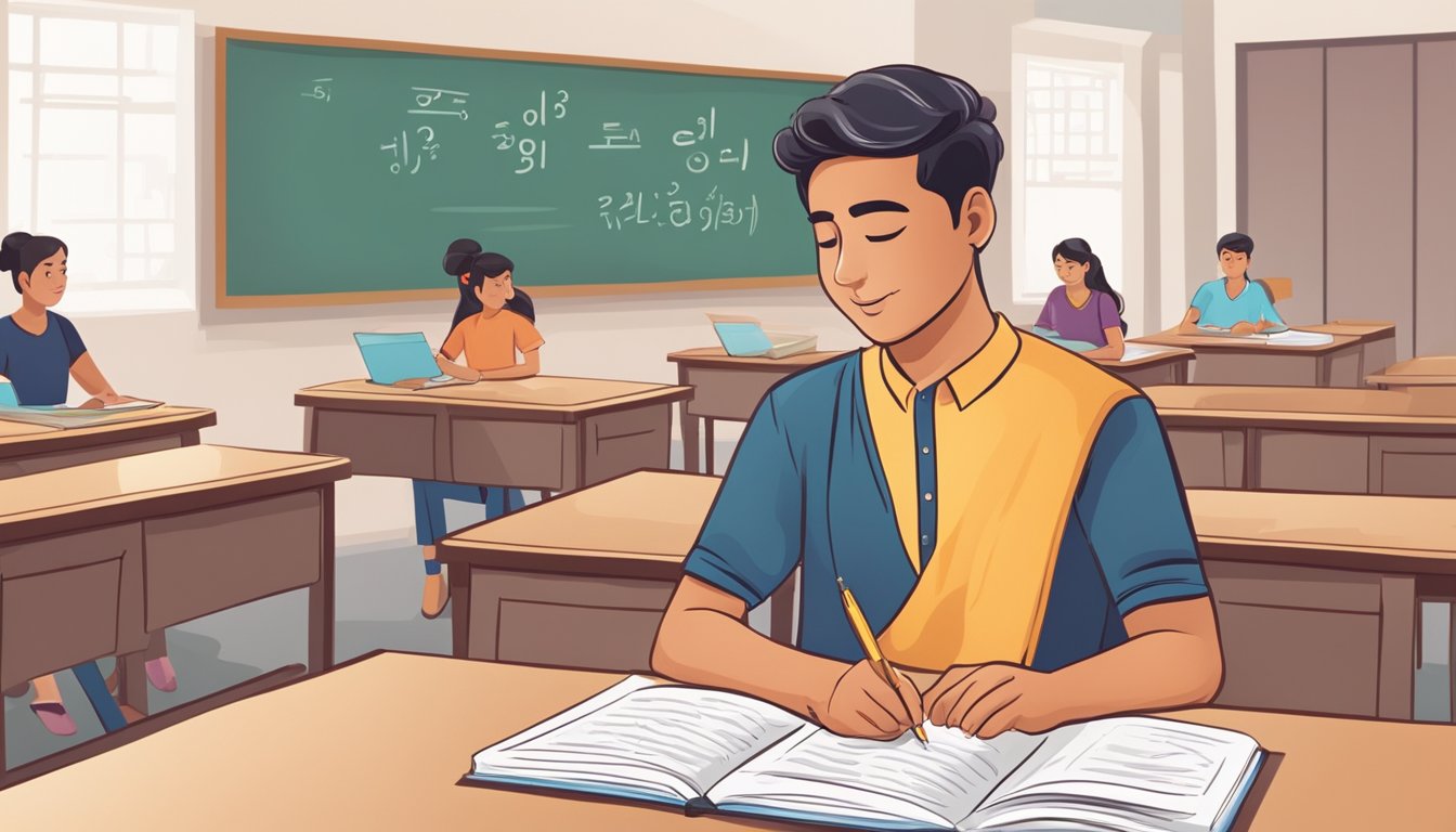 A student studies Hindi in a bright, modern classroom in Singapore. Books and writing materials are neatly arranged on the desk. The teacher is engaged in conversation with the student, gesturing towards a whiteboard covered in Hindi script