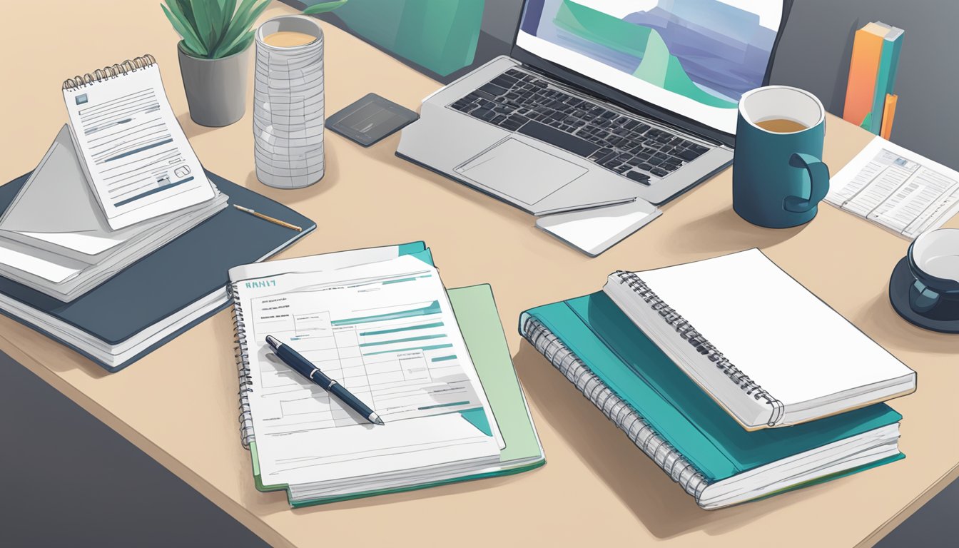 A stack of FAQ papers with RMIT Vietnam tuition information, surrounded by a laptop, pen, and notebook