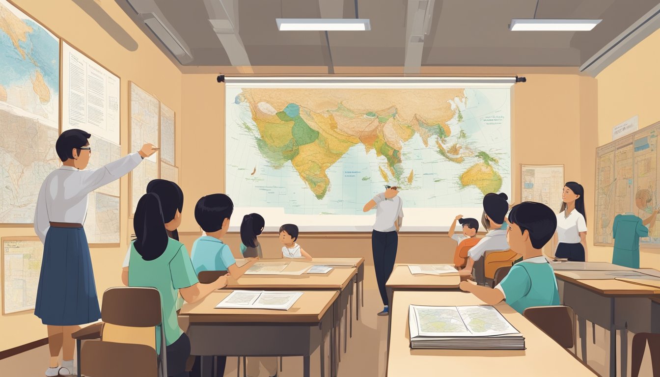 Students in a classroom studying maps, books, and artifacts about Singapore