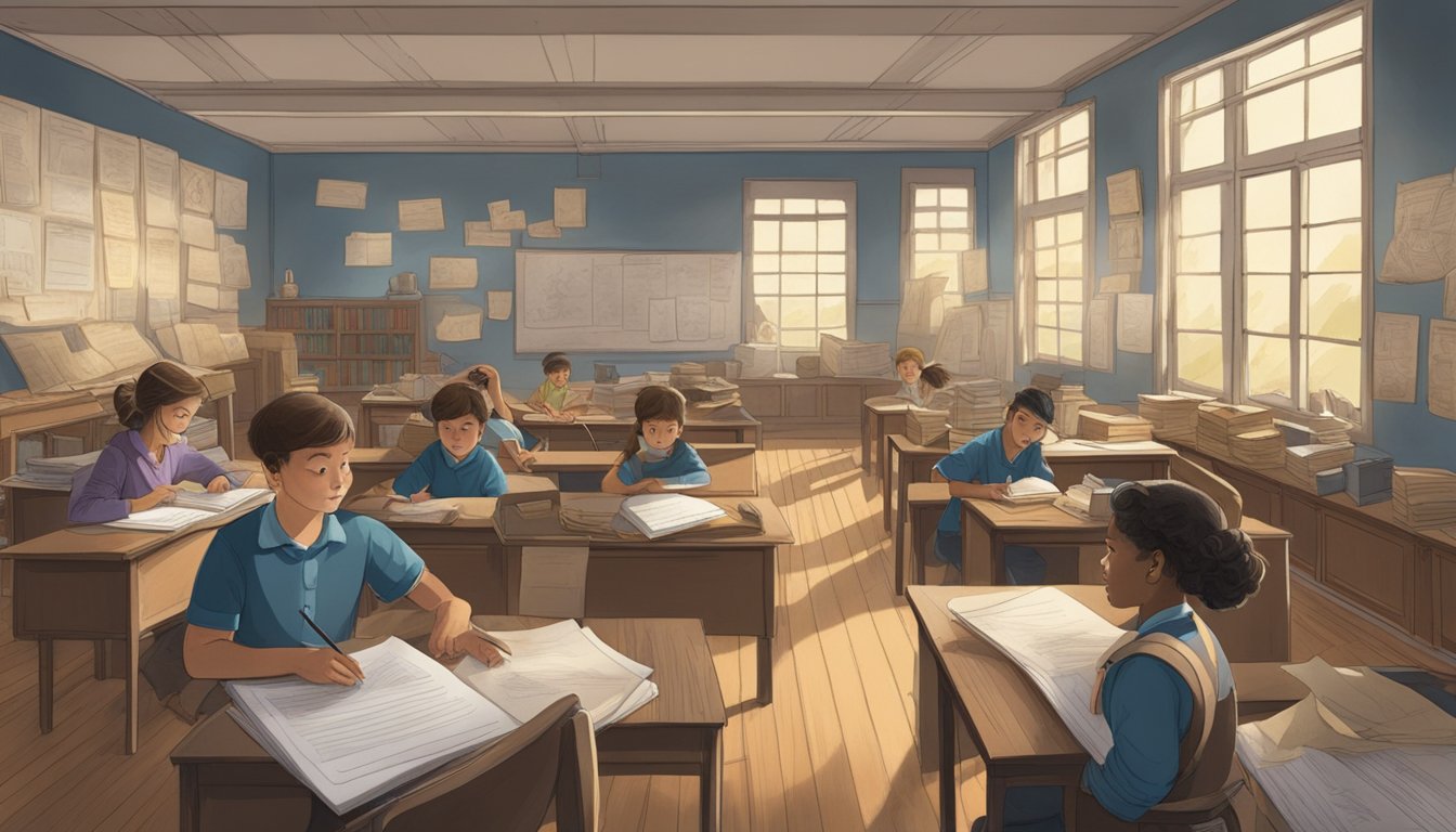 A classroom filled with historical artifacts and documents, with layers of history being peeled back and examined by students