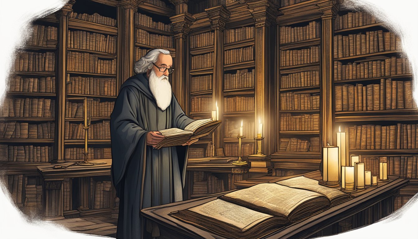 A grand library with towering shelves of ancient texts, maps, and artifacts. A scholar pores over a weathered manuscript, surrounded by flickering candlelight