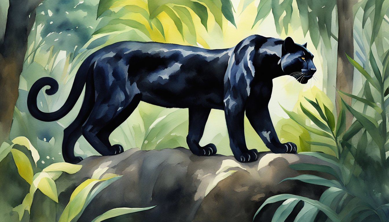 A black panther stands majestically in the dense jungle, symbolizing power and mystery.</p><p>Its sleek black fur glistens in the dappled sunlight, showcasing its strength and beauty