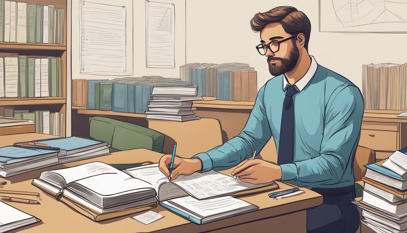 A student sits at a desk, surrounded by textbooks and notes. A teacher stands at a whiteboard, explaining historical concepts