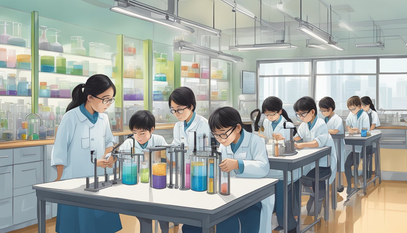 Students conducting experiments in a bright, well-equipped science lab at a Bishan tuition center