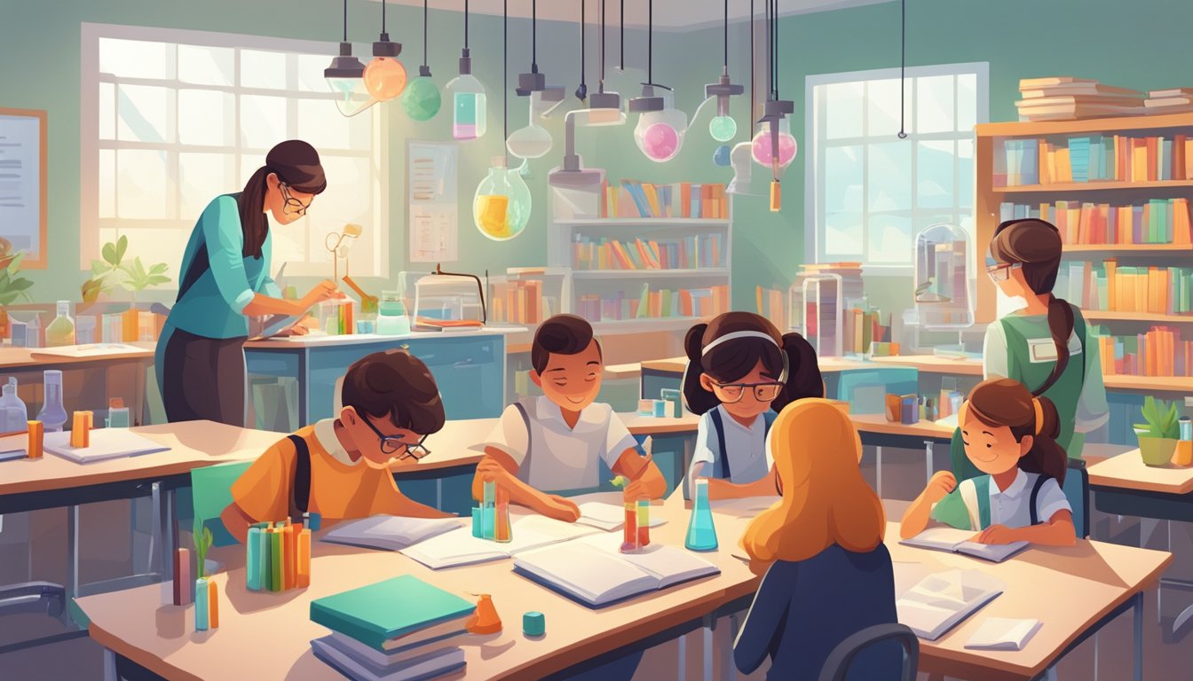 Students in a bright classroom, engaged in hands-on science experiments with a passionate tutor guiding them. Books and lab equipment are neatly organized around the room