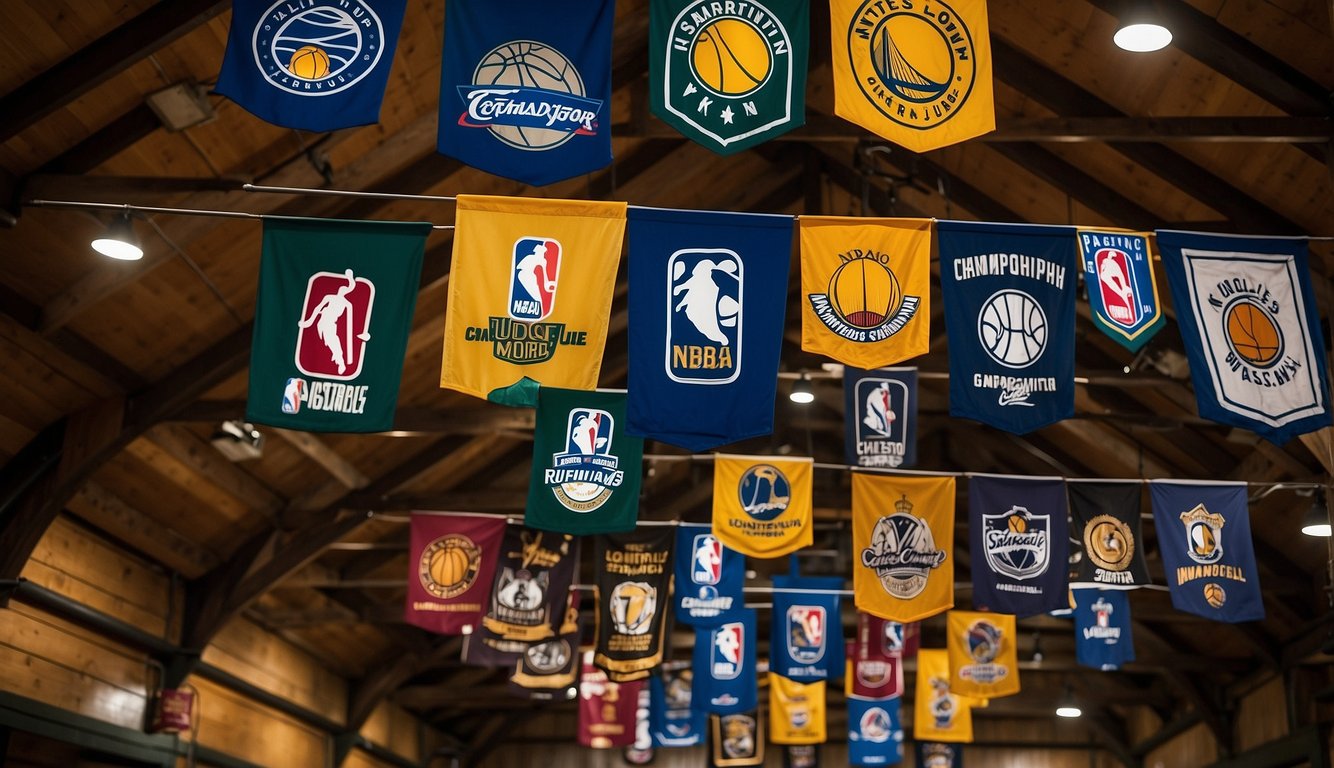 A group of championship banners hang proudly in the rafters, representing the most successful NBA team in history. The team's logo is prominently displayed, signifying their dominance in the league