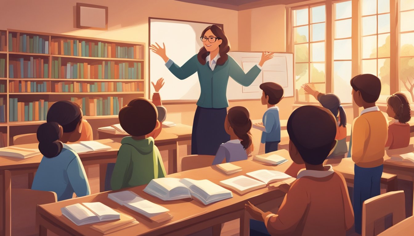 A teacher embraces a group of students with open arms, surrounded by books and a warm, inviting atmosphere